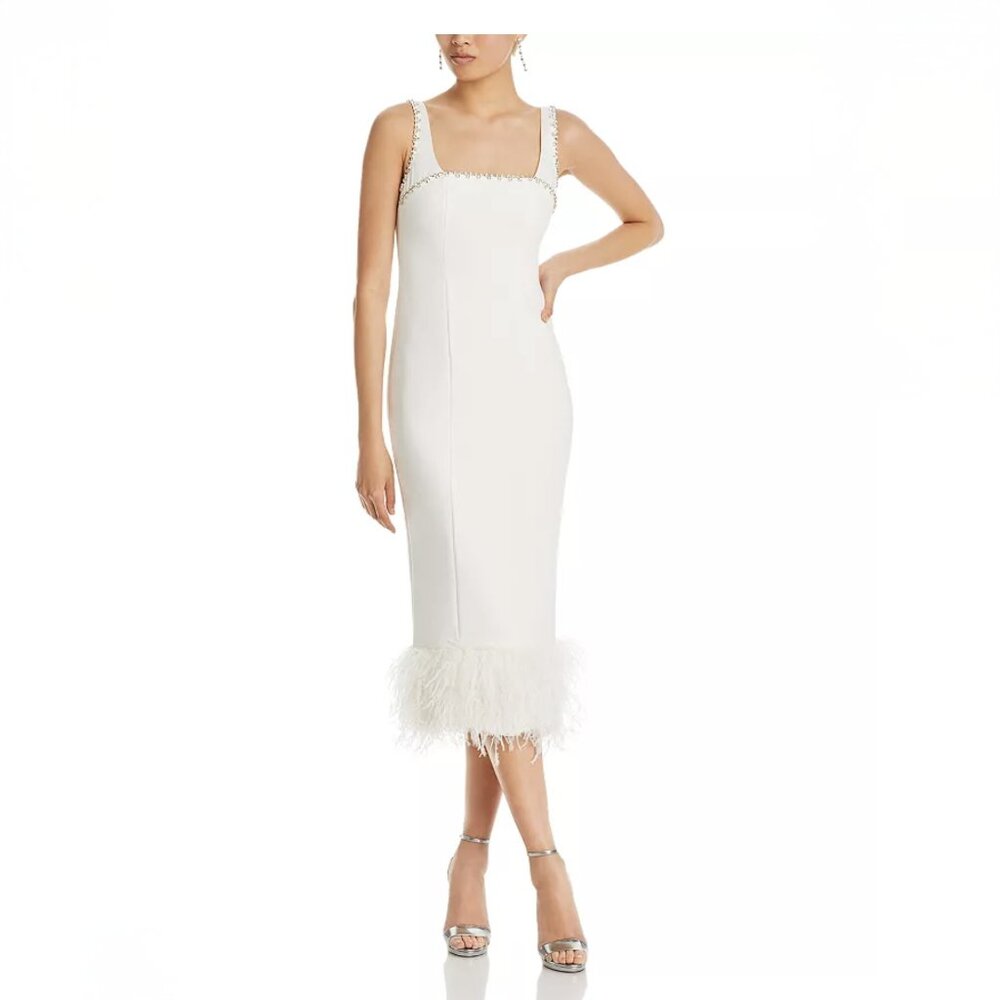 Likely White Midi Dress with Feather Hem